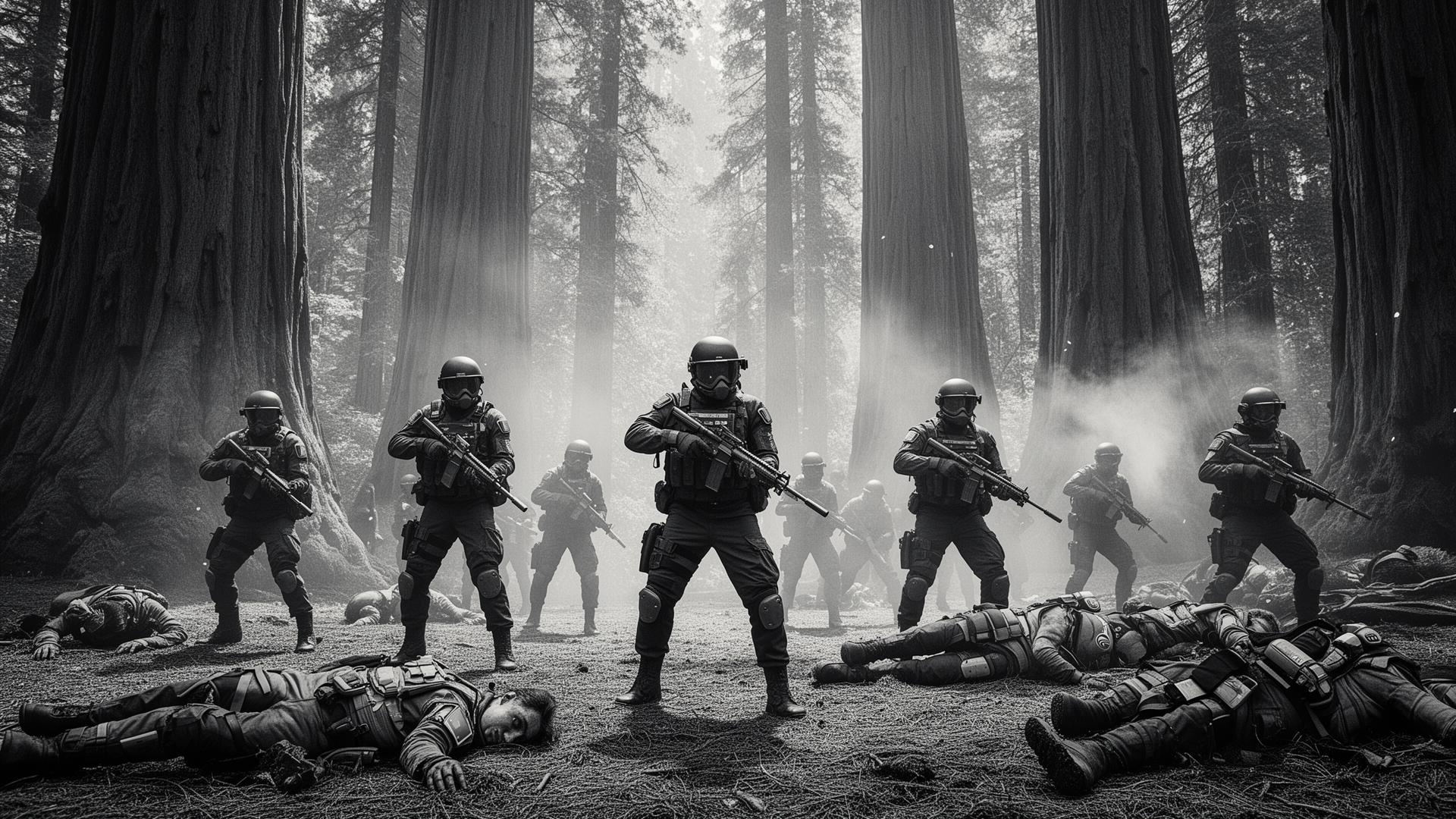 Fotografia da Guarda do Estado vitoriosa sobre os rebeldes Serpentes em meio à floresta de sequoias de Vila da Beira