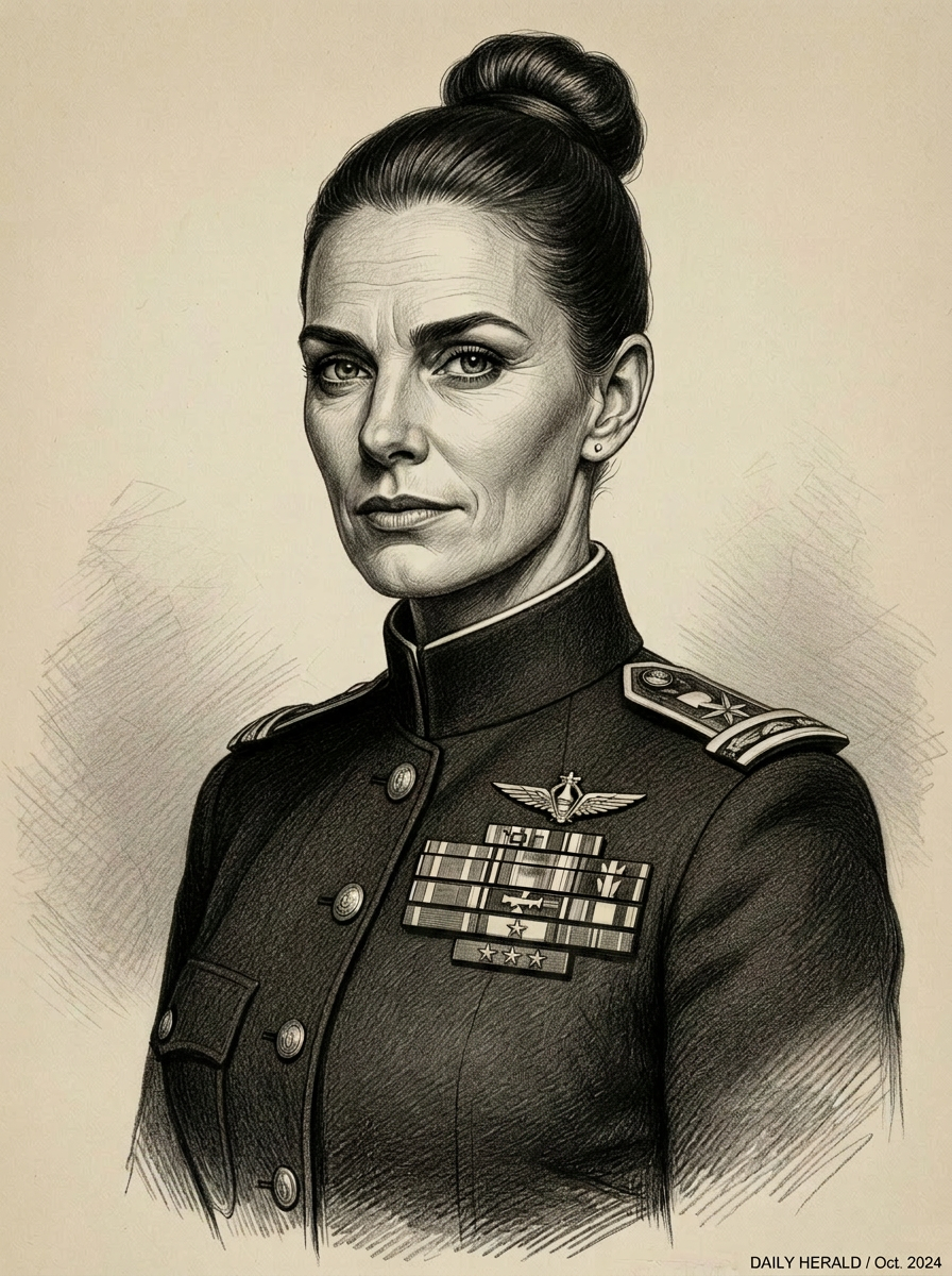 Retrato gravado da Suprema-líder Koj Haas, mulher de cabelo curto em coque alto, uniforme cerimonial moderno com condecorações